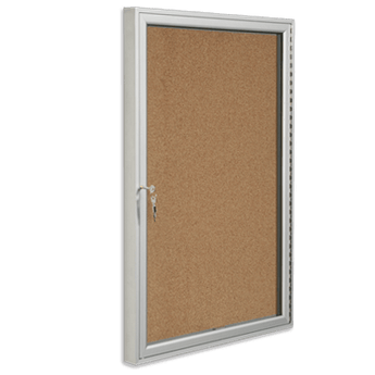 Single glass display case with cork surface, hinged door, and a lock
