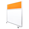 Movable partition wall with white porcelain surface and a coloured cork section